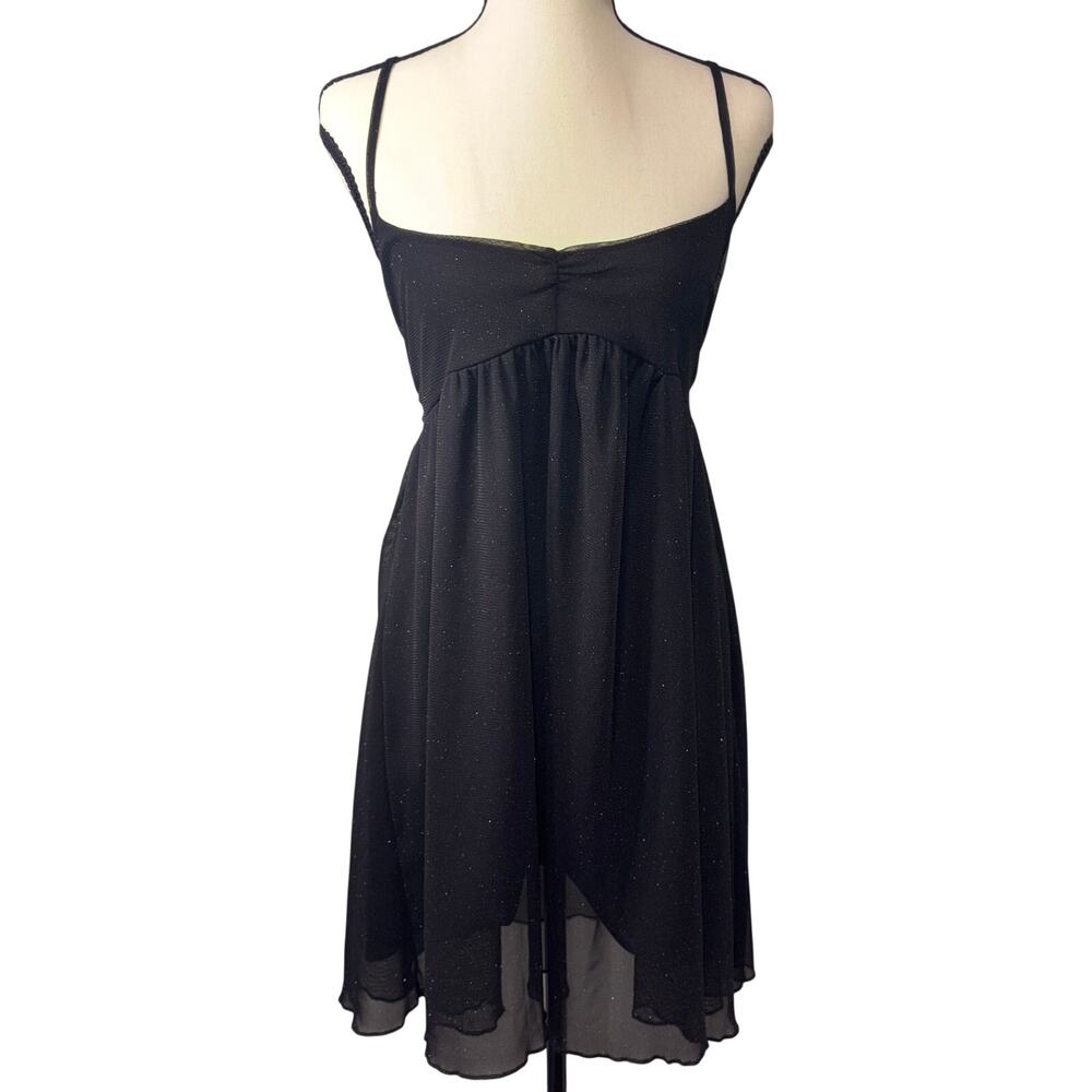 Vintage Gina Tricot Black Glitter Babydoll Dress Sheer Mesh Layer Y2K Goth M